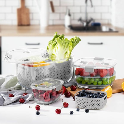 LUXEAR Fresh Produce Vegetable Fruit Storage Containers 3Piece Set, BPA-free Fridge Storage Container, Partitioned Salad Container, Fridge Organizers, Used in Storing Fruits Vegetables, Gray