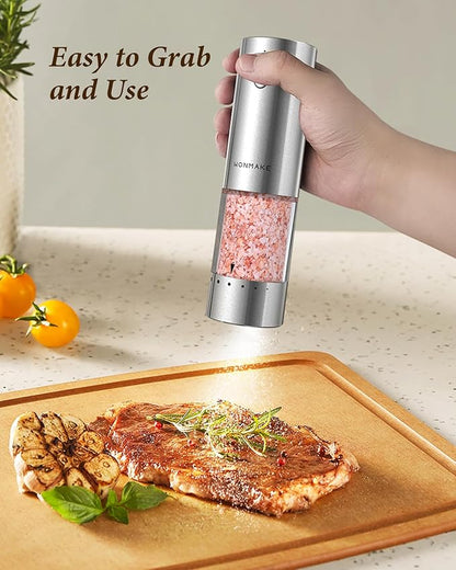 Electric Salt and Pepper Grinder Set - Automatic Refillable Salt and Pepper Grinders with Charging Base & LED Light, 6-Level Adjustable Coarseness with External Dial, Ideal Kitchen Gadget，Silver