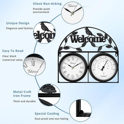 17Inch Large Outdoor Clock,Waterproof Wall Clock with Thermometer,Weatherproof Non-Ticking Quartz Battery Operated Decor Clock for Patio,Garden,Pool,Porch,House Warming Gifts