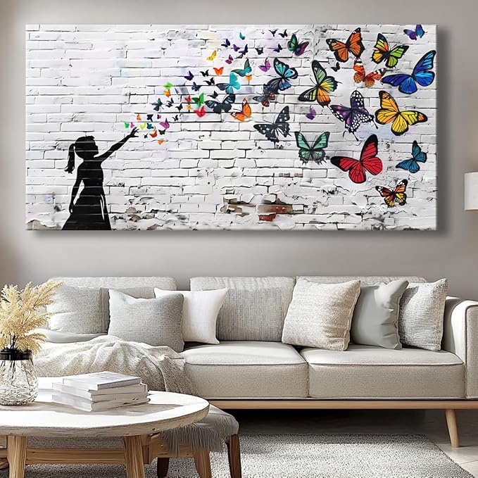 Canvas Wall Art Butterfly Girl - Modern Graffiti Paintings for Living Room, Bedroom Wall Decor, Framed Wall Art for Home or Office Decoration 48x24in