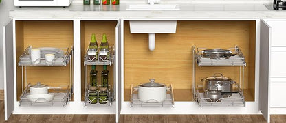 OCG 2 Tier Pull Out Cabinet Organizer (18.5" W x 21" D), Pull Out Drawers for Kitchen Cabinets, Pull Out Shelves for Base Cabinet Organization in Kitchen Bathroom Pantry, Chrome Finish
