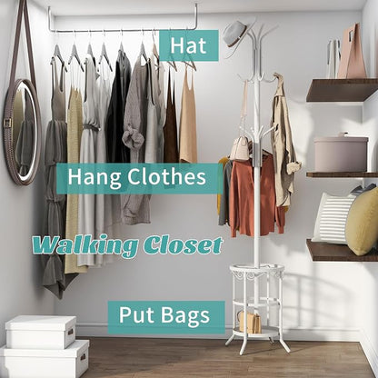 Coat Rack with Umbrella Holder, White Metal Coat Rack Stand with 12 Hooks, for Entryway, Hallway, Living Room, Bedroom