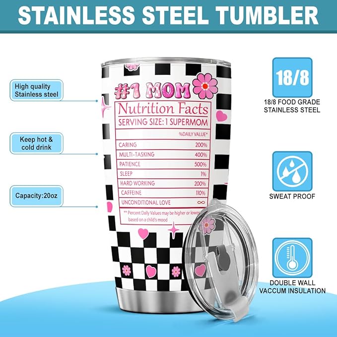 Tumblers Women Cups Checkered Coffee Mama Funny Day For Mothers Modern Simple Simply Handle, Mom Nutrition Facts, Tumbler 20 Oz With Lid And Straw, Best Mom Ever Gifts