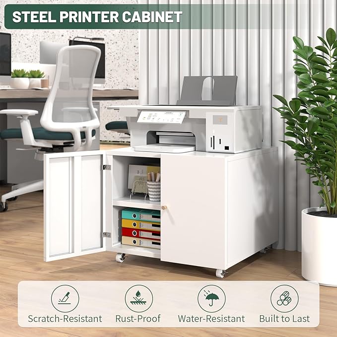 TEEALUBAN Printer Stand with Storage Cabinet with Wheels,3D Heavy Duty Metal Large Printer Table with Adjustable Shelf for Home Office, Mobile Printer Cart,White,17.72" H