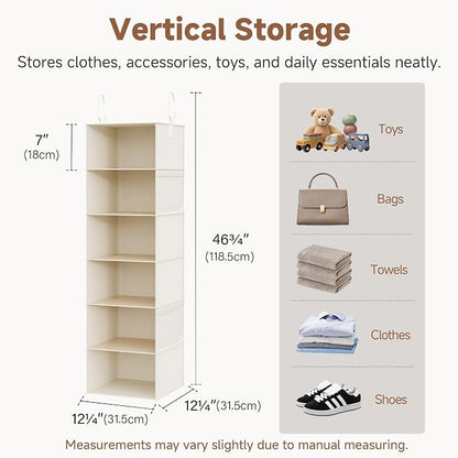 StorageWorks 6-Shelf Hanging Closet Organizer, Hanging Shelves for Closet, Fabric, Mixing of Beige, White & Ivory, 12" D x 12" W x 47 1⁄2" H