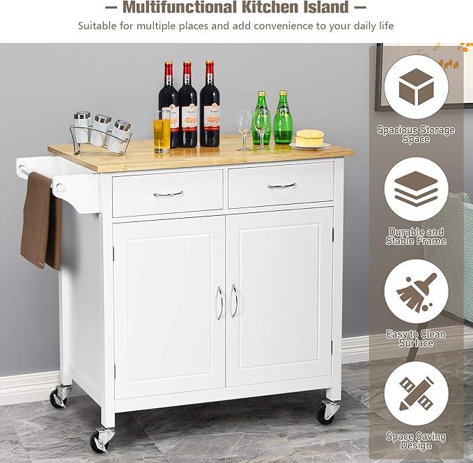 NAFORT Rolling Kitchen Island Cart on Wheels, Utility Trolley Cart Bar Serving Cart w/Rubber Wood Top, Handle Rack, Storage Cabinet and Drawers for Home Kitchen Dining Room, White