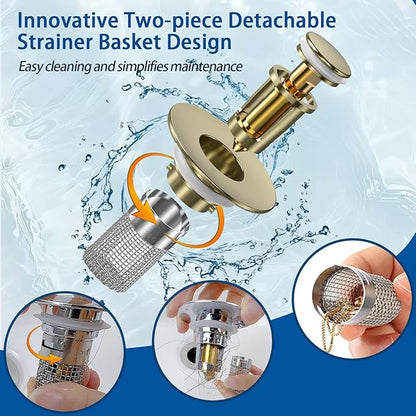 Sink Stopper Hair Catcher, Pop-up Sink Drain Strainer with Removable Stainless Steel Strainer Basket Hair Catcher, Bathroom Sink Strainer for Bathroom Sink Stopper Replacement(Brushed Gold-2PCS)