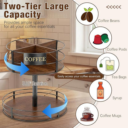 Sieral 360° Rotating Coffee Bar Organizer 2 Tier Coffee Bar Lazy Susan Wood Metal Station Organizer Holder with Convenient Grab-and-go for Countertop Pod Syrup Mug Tea Spice Snack Kitchen Office