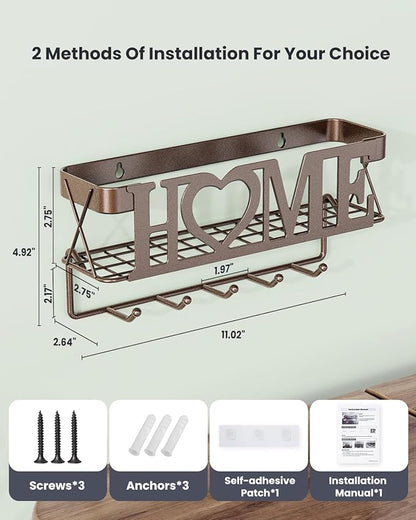 Key Holder Wall Mount - Adhesive Key Holder with 5 Hooks, Key Rack and Mail Organizer, Metal Basket Key Hanger for Entryway, Home, Living Room Decor, 11" L×2.8" W×4.9''H(Bronze)