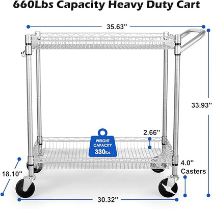 WDT Heavy Duty 2 Tier Rolling Cart, NSF Listed, 660Lbs Capacity, Commercial Grade Metal, 35.63"x18.1"x33.93"
