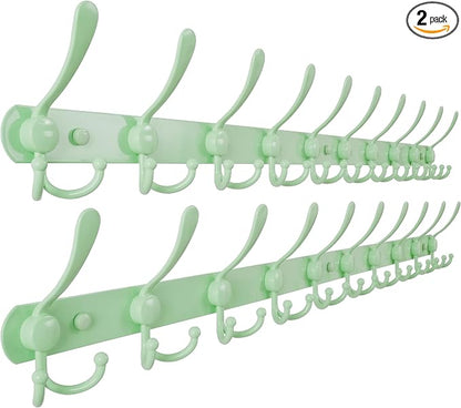 Dseap Coat Rack Wall Mount - 38” Long 10-Tri-Hooks Heavy Duty Coat Hanger Rail Wall Hooks for Hanging Coats Hats Clothing Clothes Purse Mudroom Entryway, Green, Pack of 2