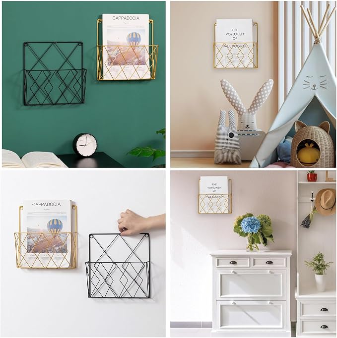 Wall-Mounted File Organizer, Metal Wall File Holder, Magazine Rack, Space-Saving Design, Ideal for Home Office, Workspace, and Study Room Organization (Gold)