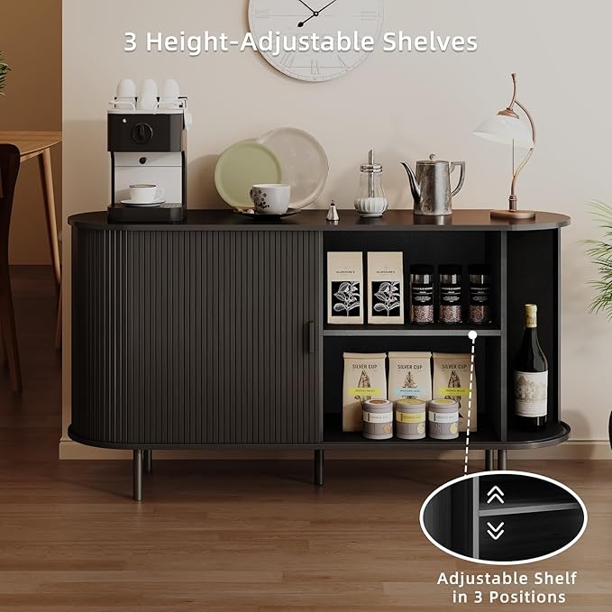 Buffet Sideboard Cabinet with Storage, 55" Fluted Cabinet with Sliding Door & Adjustable Shelf, Modern Accent Coffee Bar Console Table for Kitchen, Entryway, Black