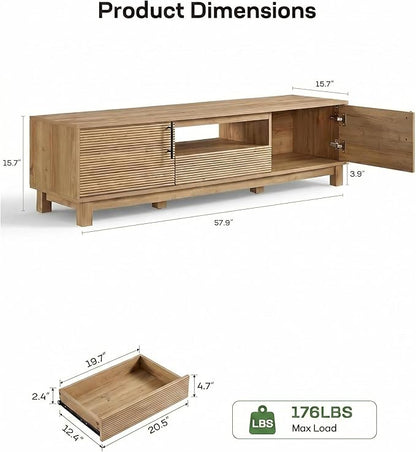 Amada 58" TV Stand for TVs up to 65 Inch, 58 Inch Fluted Entertainment Center with Storage Cabinets and Drawer, Mid Century Modern TV Console Table for Living Room & Bedroom, Natural Oak