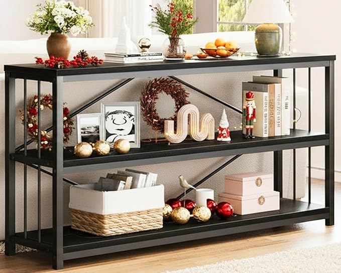 LVB Black Entryway Table, Modern Extra Long Sofa Console Table, Metal Wood Narrow Hallway Table with Storage Shelves, Industrial Skinny Foyer Couch Tables for Living Room Bedroom, Black Oak, 70 Inch