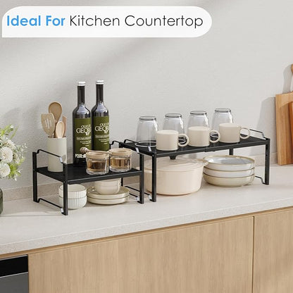 2 Pack 11” Width Expandable Kitchen Cabinet Organizer Shelves, Metal Kitchen Countertop Organizers and Storage Shelving, Heavy Duty Stackable Storage Rack Shelf For Pantry Cupboard Counter Tabletop