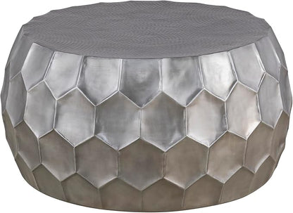 CT101 Modern Contemporary Round Aluminum Material 32" Coffee Table, Farmhouse Table with Glossy Diamond-Patterned Base Antique Silver