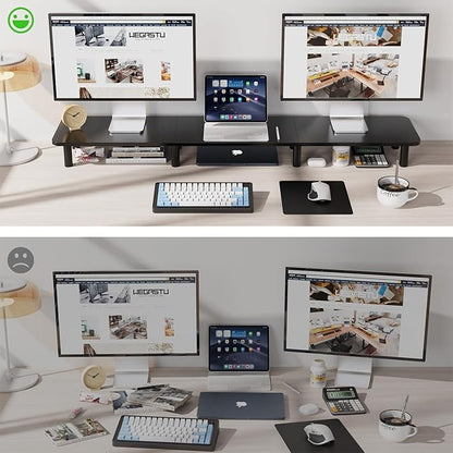 43.7" Extra Long Dual Monitor Stand Riser, Wood & Steel Monitor Stand for 2 Monitors, Wide TV Stand, Desktop Riser for Desk Organization, Home Office，Laptop,Printer,TV (Black)
