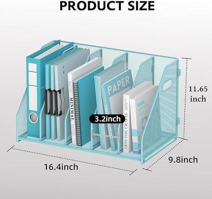 SUPEASY Binder Organizer, Magazine File Holder with 5 Vertical Compartments Rack, Metal Desk File Organizer & Binder Holders, Magazine Organizers for Office Desktop, Home, School, Classroom (Blue)