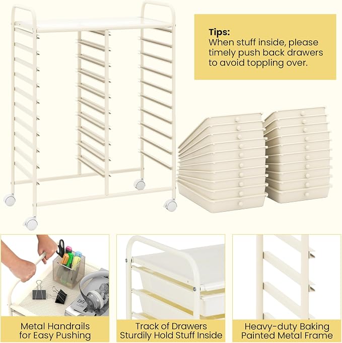 Giantex 20 Drawers Rolling Cart, Mobile Storage Drawer Cart, Classroom Organizer for Office School Supplies Tools Scrapbook Paper Craft Small Printer, Utility Stand on Wheels, Ivory White