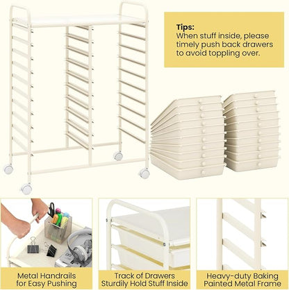 Giantex 20 Drawers Rolling Cart, Mobile Storage Drawer Cart, Classroom Organizer for Office School Supplies Tools Scrapbook Paper Craft Small Printer, Utility Stand on Wheels, Ivory White