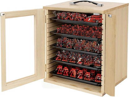 WELIDAY Miniature Storage Case for Collectibles, Miniature Display Cases with Magnetic Door and 6 Trays, Clear View Miniatures Transport Case (Wooden)