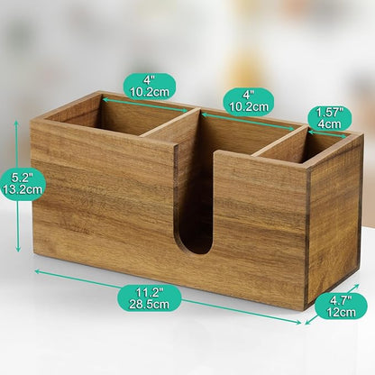 ALELION Large Acacia Wood Coffee Cup Organizer for Disposable Cups, Lids and Stir Sticks - 3-Compartment Countertop Cup Holder Storage Rack for Coffee Station, Kitchen, Office