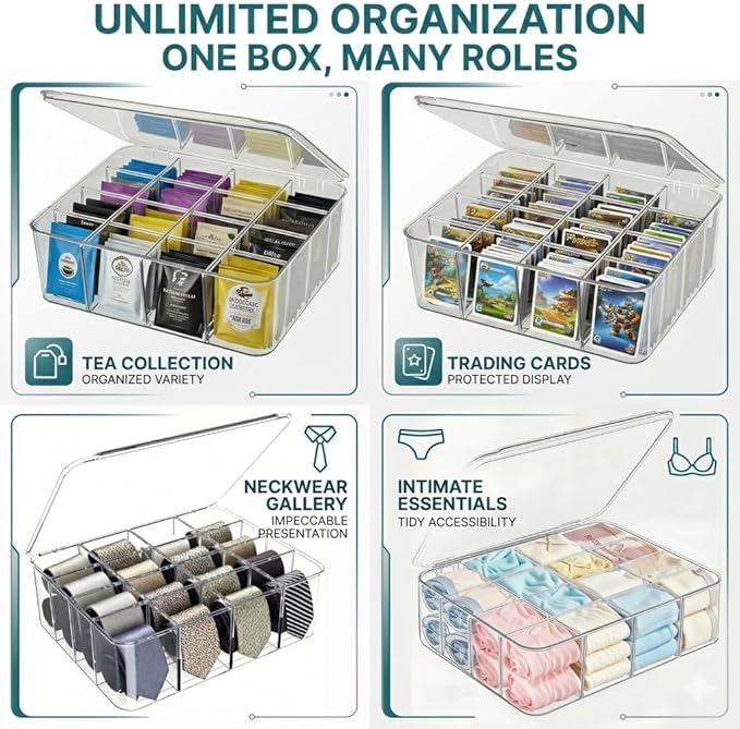 Tea Bags Organizer: Extra Large Tea Bag Holder with Lid - Drink Packets Organizer for Cabinet, Counter, Countertop, TeaBag Holder for 16 Different Types (Large)