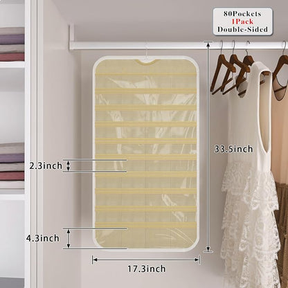 1 Pack Hanging Jewelry Organizer 80-Pocket Dual-sided Jewelry Storage for Earring Necklace Bracelet Ring Travel Holder, White and Beige