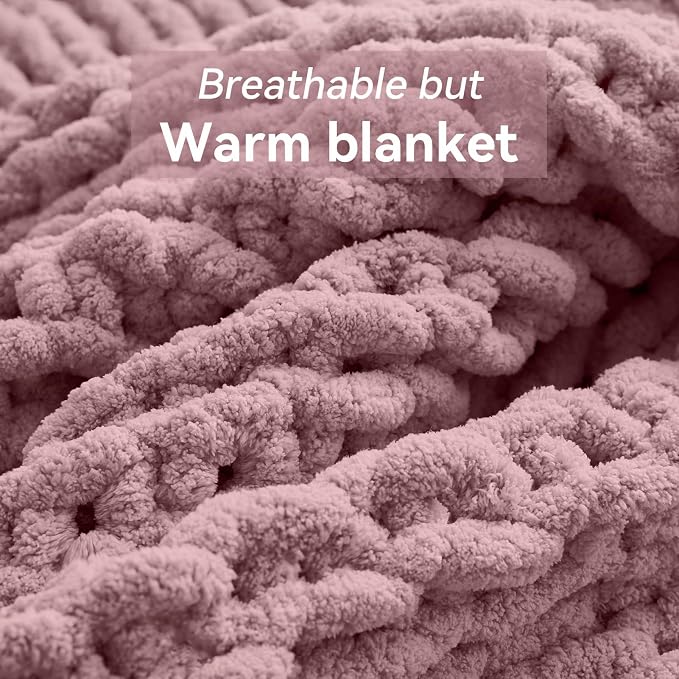Negwoo Chunky Knit Throw Blanket, 50''*60'' Knitted Throw Chenille Yarn for Bed Couch, Handmade Muted Pink Crochet Big Thick Blanket, Machine Washable Cute Comfy Blanket for Home Decor