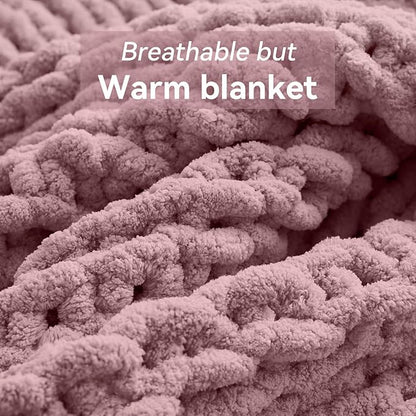 Negwoo Chunky Knit Throw Blanket, 40''*50'' Knitted Throw Chenille Yarn for Bed Couch, Handmade Muted Pink Crochet Big Thick Blanket, Machine Washable Cute Comfy Blanket for Home Decor