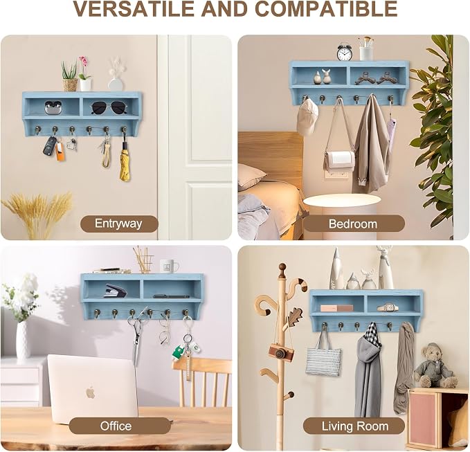 Key Holder Wall Mount - Mail Organizer Wall Mount with 6 Key Hooks and Storage Box for Sunglasses Storage and Dog Leash Holder Home Decor Rack Apartment Farmhouse Shelf Entryway Organizer (Blue)