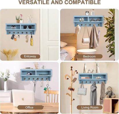 Key Holder Wall Mount - Mail Organizer Wall Mount with 6 Key Hooks and Storage Box for Sunglasses Storage and Dog Leash Holder Home Decor Rack Apartment Farmhouse Shelf Entryway Organizer (Blue)