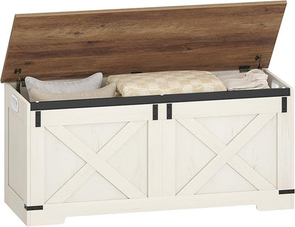 42.9" Storage Chest, Large Storage Trunk with 2 Hinges, Farmhouse Wooden Box Bench, Lift-Top Organizer Chest, Entryway Trunk for Bedroom, Living Room, White and Brown SB10914X