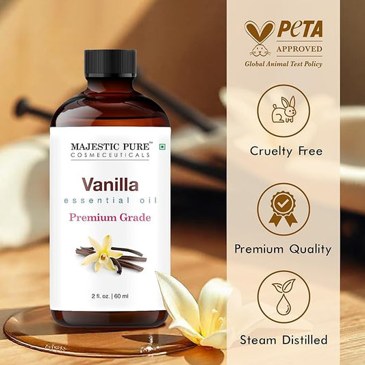 Majestic Pure Essential Oil with Glass Dropper - 100% Pure and Natural - Essential Oils for Diffuser, Aromatherapy, Soap and Candle Making, Vanilla Essential Oil, Vanilla Oil, 2 Fl Oz