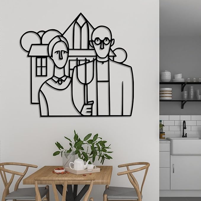 Modern American Gothic Wall Art - Unique Line Art Home Decor for Living Room and Bedroom - Stylish Farmhouse Wall Decor, Artistic Metal Wall Sculpture, Gift for Art Lovers and Homeowners (18 x 17 inches)