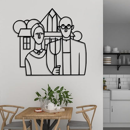 Modern American Gothic Wall Art - Unique Line Art Home Decor for Living Room and Bedroom - Stylish Farmhouse Wall Decor, Artistic Metal Wall Sculpture, Gift for Art Lovers and Homeowners (18 x 17 inches)