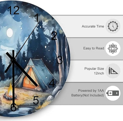 Forest Wall Clock Silent Non Ticking Battery Operated, Watercolor Mountain Forest Nature Tree Woodland Camping Clock Decorative for Bathroom Kitchen Bedroom Living Room(12 Inch)