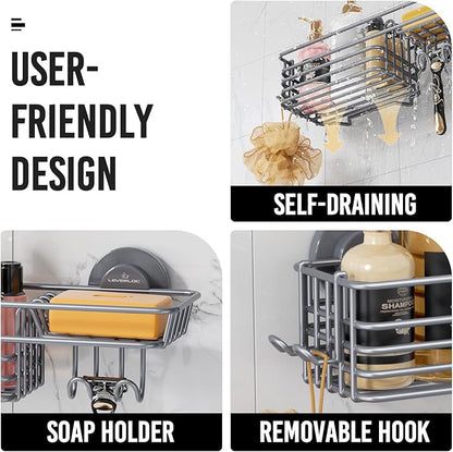 LEVERLOC Shower Caddy Suction Cup, Heavy Duty Bathroom Organizer for Inside Shower with Hooks & Soap holder， NO-Drilling Bathroom Holder-Grey