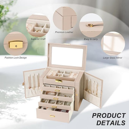 Jewelry Box, Women's Jewelry Organizer with Mirror, 5 Layers & 4 Drawers, Apricot