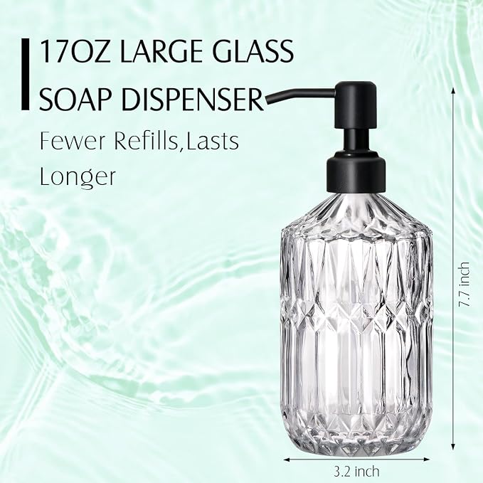 COHOSEGE 17 Oz Clear Glass Kitchen Soap Dispenser for Dish Soap, 2 Pack Bathroom Soap Dispenser Set with Black Rust Proof Pump for Lotion, Hand soap or Body Wash