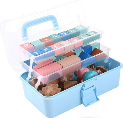 Flower River 11(in) Versatile Three-Layer Folding Organizer Box,Ideal for Art & Crafts,Toys,Sewing Supplies,Jewelry and Tools,Storage with Dual Trays,Elegant Blue