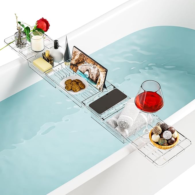 Yieach Iuxury Bathtub Trays For Tub,Expandable Bath Shelf Over Tub,Clear Bath Table,Bath Board,Bath Caddy Tray and Bath Tub Accessories for Women Relaxing With Bath Reading Book and Ipad Holder,1 Pack
