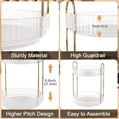 Clear 2-Tier Perfume Stand, 360° Rotating Plastic Vanity Organizer for Perfumes, Cosmetics & Skincare, Large Capacity Bathroom/Bedside Counter Storage Holder (Transparent)