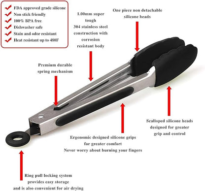 Hot Target Non-Stick Kitchen Tongs for Cooking - Set of 3: 7, 9, 12-Inch Cooking Tongs w/Rubber/Silicone Tips | Stainless Steel Tong, Metal | Salad Tongs, Pasta, Food Serving, Grill Tongs, Bbq