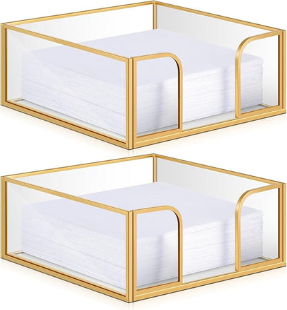 LemonRoad 2 Pcs Square Gold Napkin Holder for Table 5.7 x 5.7 Inch Decorative Cocktail Napkin Holder Glass Flat Paper Basket for Kitchen Dining Buffet Bar Counter Wedding Party Restaurant Bar Hotel