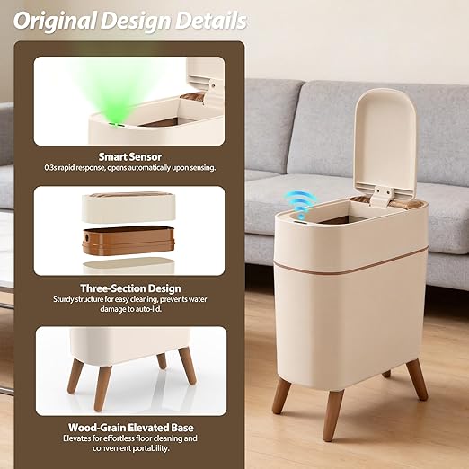 suyika Automatic Trash Can, 2.6 Gallon/10L Bathroom Trash Can with Lid - Wood Grain Lid and Legs, Touchless Waterproof Garbage Bin for Bedroom, Bathroom, Office, Living Room