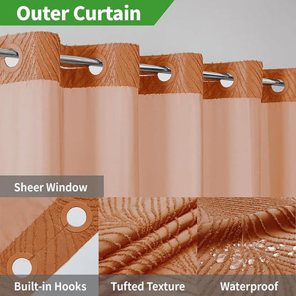 no Hook Shower Curtain and Fabric Liner Set，Thanksgiving Autumn Shower Curtain, Boho Tufted Striped Style with See Through Top Window,Orange, 71Wx74H