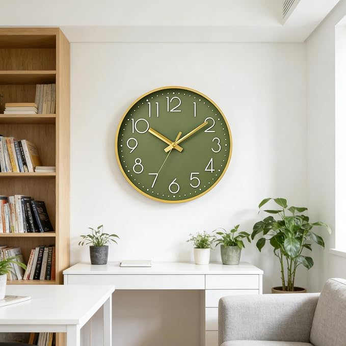 DAXSMY Wall Clock - 12 Inch Silent Non-Ticking Modern 3D Wall Clocks Battery Operated - Decorative Clock for Kitchen, Home Office, Bathroom, Bedroom, Living Room(Green)