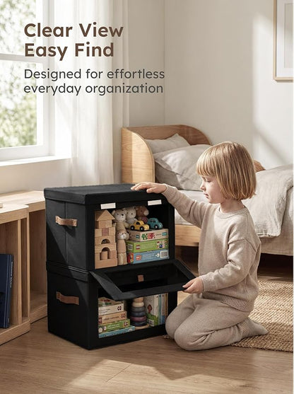 Homsorout Medium Fabric Storage Bins - Closet Shelf Organizer with Open Window, 2 Pack Closet Baskets for Shelves, Stackable Decorative Boxes for Home, Dorm, Black, 13.7" x 9.8” x 9.8"